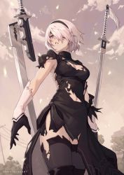 Rule 34 | 1girl, 2b (nier:automata), black dress, black thighhighs, boots, breasts, cleavage, cleavage cutout, clothing cutout, cloud, dress, gloves, hairband, katana, medium breasts, mole, mole under mouth, navel, nier:automata, nier (series), no blindfold, phrecklesart, red sky, silver hair, sky, sword, thigh boots, thighhighs, torn clothes, torn dress, torn gloves, torn sleeves, tree, utility pole, weapon