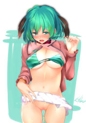 Rule 34 | 1girl, :o, absurdres, animal ears, arm up, bikini, bikini top only, blush, bra, breasts, cekonikova, cleavage, collar, dog ears, eyebrows, fang, floppy ears, green bra, green eyes, green hair, green panties, hand on own hip, highres, kasodani kyouko, long sleeves, looking at viewer, matching hair/eyes, microskirt, navel, open clothes, open mouth, open shirt, panties, panty pull, pleated skirt, pussy, red shirt, shirt, short hair, signature, simple background, skirt, solo, stomach, striped bra, striped clothes, swimsuit, thick eyebrows, touhou, two-tone background, uncensored, underwear, white skirt