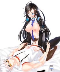 Rule 34 | 1boy, 1girl, absurdres, armband, bad id, bad pixiv id, bandages, bandaid, bare shoulders, between breasts, black eyes, black hair, black pantyhose, blood, blood on face, blue eyes, blush, breasts, closers, clothed sex, collar, collarbone, cowgirl position, cum, cum in pussy, fang, girl on top, hair ornament, hairclip, hetero, highres, j (closers), jewelry, large breasts, long hair, looking at another, looking at viewer, lying, narynn, necktie, necktie between breasts, nipples, on back, open clothes, open mouth, open shirt, pantyhose, ring, sex, shirt, short hair, silver hair, simple background, smile, straddling, sunglasses, sweat, torn clothes, torn legwear, vaginal, yuri seo