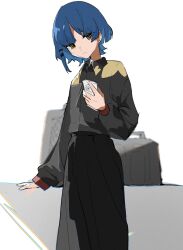 Rule 34 | 1girl, alternate costume, black shirt, black skirt, blue hair, bocchi the rock!, closed mouth, collared shirt, hejingming, highres, holding, long sleeves, looking at object, pleated skirt, shirt, shirt tucked in, short hair, skirt, solo, standing, yamada ryo, yellow eyes