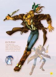 Rule 34 | 1boy, artbook, belt, blonde hair, boots, brown footwear, brown jacket, character name, concept art, dagger, english text, full body, green ribbon, hair ribbon, hanpan, holding, holding sword, holding weapon, jack van burace, jacket, knee boots, knife, long sleeves, looking at viewer, male focus, multiple views, official art, open clothes, open jacket, pants, parted lips, ponytail, reverse grip, ribbon, shirt, standing, sword, text focus, weapon, white background, white shirt, wild arms, wild arms 1