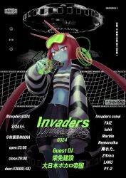 Rule 34 | 1girl, absurdres, black background, black jacket, black shorts, blue skin, breasts, colored skin, commentary, english commentary, goggles, goggles on head, grin, hand up, highres, horns, invaders (record label), invtam, jacket, long hair, long sleeves, looking at viewer, midriff, poster (medium), py-2, red eyes, red hair, red horns, shirt, shorts, small breasts, smile, solo, standing, striped clothes, striped jacket, striped shirt