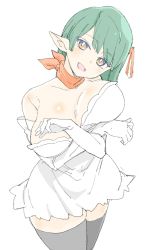 Rule 34 | 1girl, :d, absurdres, arm between breasts, bad id, bad twitter id, bare shoulders, between breasts, black thighhighs, blunt bangs, breasts, bright pupils, brown eyes, crossed arms, donguri suzume, dress, elbow gloves, gloves, green hair, hair ribbon, head tilt, highres, large breasts, long hair, looking at viewer, open mouth, orange ribbon, pointy ears, ribbon, simple background, smile, solo, standing, thighhighs, white background, white dress, white gloves, zettai ryouiki