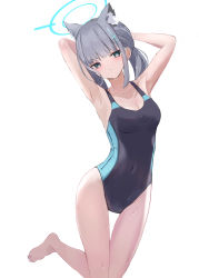 Rule 34 | 1girl, absurdres, animal ear fluff, animal ears, armpits, arms behind head, black one-piece swimsuit, blue archive, blue eyes, breasts, competition swimsuit, covered navel, cross hair ornament, extra ears, grey hair, hair ornament, halo, highres, it ai, looking at viewer, low ponytail, medium breasts, medium hair, mismatched pupils, multicolored clothes, multicolored swimsuit, one-piece swimsuit, presenting armpit, shiroko (blue archive), shiroko (swimsuit) (blue archive), simple background, solo, standing, standing on one leg, swimsuit, white background