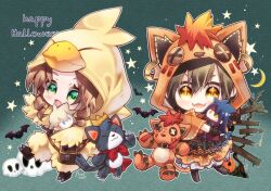 2girls :3 aerith_gainsborough aerith_gainsborough_(chocobo_suit) animal_hood arestear0701 black_hair brown_hair cait_sith_(final_fantasy) character_doll character_hood chibi chocobo_costume cloud_strife commentary_request cosplay english_text final_fantasy final_fantasy_vii final_fantasy_vii_ever_crisis halloween halloween_costume happy_halloween highres hood looking_at_viewer multiple_girls official_alternate_costume red_xiii red_xiii_(cosplay) vincent_valentine yuffie_kisaragi yuffie_kisaragi_(nanaki_mantle)