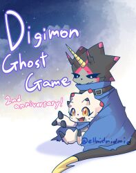Rule 34 | 2boys, absurdres, belt, cape, digimon, digimon (creature), digimon ghost game, dinosaur boy, gammamon, gulusgammamon, highres, multiple boys, open mouth, scarf, tail, triceratops