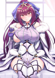 Rule 34 | 1girl, bare shoulders, bed, blush, bow, breasts, cape, choker, commentary request, covered erect nipples, curtains, dress, fate/grand order, fate (series), fur trim, highres, jewelry, kazami chiu, knees together feet apart, lace trim, large breasts, legs together, long hair, looking at viewer, pulling own clothes, purple hair, red eyes, scathach (fate), scathach skadi (fate), scathach skadi (third ascension) (fate), sitting, smile, solo, tiara, underboob, wide sleeves, window