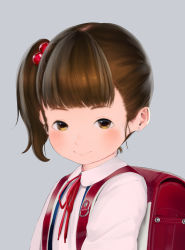 Rule 34 | 1girl, backpack, bad id, bad pixiv id, bag, brown eyes, brown hair, child, closed mouth, collarbone, commentary, earrings, grey background, hair bobbles, hair ornament, hideousbeing, jewelry, looking at viewer, neck ribbon, original, randoseru, red ribbon, ribbon, school uniform, shirt, side ponytail, simple background, smile, solo, stud earrings, white shirt