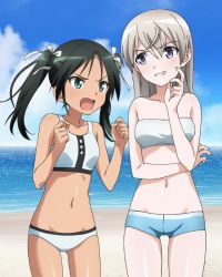 Rule 34 | 2girls, angry, aqua eyes, beach, bikini, blush, breasts, eila ilmatar juutilainen, fang, francesca lucchini, green hair, grin, groin, long hair, medium breasts, multiple girls, navel, ocean, open mouth, purple eyes, silver hair, small breasts, smile, standing, strike witches, swimsuit, twintails, world witches series