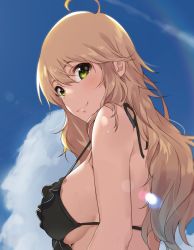 Rule 34 | !, !!, 1girl, ahoge, bare arms, bare shoulders, bikini, black bikini, blue sky, blush, breasts, closed mouth, cloud, cloudy sky, commentary request, contrail, day, frilled bikini, frilled bikini top, frills, from side, green eyes, hair between eyes, highres, hoshii miki, idolmaster, idolmaster (classic), kurokin, large breasts, lens flare, light brown hair, long hair, looking at viewer, outdoors, sideboob, sky, smile, solo, strap gap, string bikini, summer, sweat, swimsuit, upper body