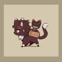Rule 34 | animal focus, animalization, black cat, border, box, brown background, carrying, cat, earrings, from side, full body, hanafuda earrings, in box, in container, jewelry, kamado nezuko, kamado tanjirou, kimetsu no yaiba, looking at viewer, mouth hold, no humans, ou331, profile, red eyes, scar, scar on face, scar on forehead, simple background, walking