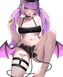 Rule 34 | 1girl, absurdres, bare arms, bare shoulders, baseball cap, black shorts, blush, breasts, breasts apart, choker, collarbone, crop top, demon tail, fishnet thighhighs, fishnets, green eyes, hat, highres, hololive, kkato, long hair, looking at viewer, low wings, medium breasts, micro shorts, navel, navel piercing, o-ring, o-ring choker, piercing, pink hair, purple hair, red nails, shiny skin, short shorts, shorts, simple background, single thighhigh, smile, solo, tail, tail ornament, tail piercing, tattoo, thighhighs, tokoyami towa, tokoyami towa (1st costume), tongue, tongue out, tongue piercing, twintails, virtual youtuber, white background, wings, yellow nails