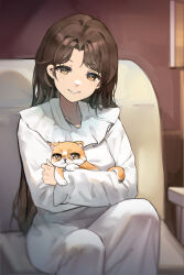 Rule 34 | 1girl, absurdres, animal, animal hug, brown hair, cat, collarbone, couch, deformed, dot nose, frilled shirt collar, frills, hair intakes, highres, indoors, lamp, long hair, looking at viewer, nightgown, on couch, orange cat, original, parted bangs, sakanafish, shadow, sidelocks, smile, table, teeth, white nightgown, yellow eyes
