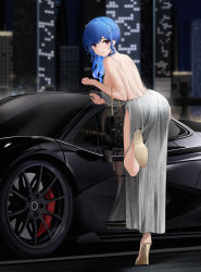 Rule 34 | 1girl, ass, azur lane, backless outfit, bag, bare arms, bare back, bare shoulders, black bag, blue hair, blurry, blurry background, building, car, cityscape, dress, evening gown, full body, gold footwear, handbag, high heels, highres, holding, holding bag, leaning forward, leg up, long hair, looking at viewer, looking back, mclaren, mclaren p1, motor vehicle, night, official alternate costume, outdoors, qing wu, red eyes, reflection, skyscraper, smile, solo, sports car, st. louis (azur lane), st. louis (luxurious wheels) (azur lane), standing, standing on one leg, thighs