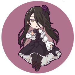 Rule 34 | 1girl, assault lily, black bow, black bowtie, black choker, black gloves, black hair, black pantyhose, black ribbon, black skirt, boots, bow, bowtie, brown footwear, brown hair, chibi, choker, colored inner hair, commentary request, cross-laced footwear, earrings, flower, frilled shirt, frilled shirt collar, frilled skirt, frilled sleeves, frills, full body, gloves, green eyes, hair between eyes, hair flower, hair ornament, hair over one eye, hair ribbon, half gloves, hand up, heel up, high-waist skirt, jewelry, knee boots, lace-up boots, long bangs, long hair, long sleeves, looking at viewer, lowres, masaki itsuki, multicolored hair, one eye covered, pantyhose, parted lips, pink background, purple flower, purple rose, ribbon, rose, round image, shirt, sign language, simple background, skirt, skirt hold, solo, standing, tithia paumgartner, transparent background, two-tone hair, very long hair, white shirt, wide sleeves