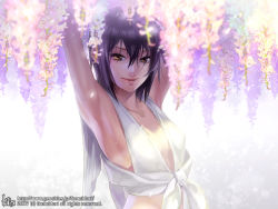 Rule 34 | 1girl, armpits, arms up, banned artists, bare shoulders, black hair, flower, midori foo, petals, smile, solo, yellow eyes