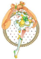 Rule 34 | 1girl, bad proportions, boots, bow, brooch, brown hair, choker, cure rosetta, curly hair, dokidoki! precure, double bun, dress, earrings, flower, full body, hair bun, hair flower, hair ornament, hair ribbon, jewelry, knee boots, long hair, magical girl, nanop38, precure, ribbon, smile, solo, standing, standing on one leg, twintails, wrist cuffs, yellow eyes, yotsuba alice