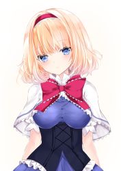 Rule 34 | 1girl, alice margatroid, bad id, bad pixiv id, blonde hair, blue dress, blue eyes, bow, breasts, capelet, dress, frills, hair between eyes, hairband, head tilt, highres, looking at viewer, medium breasts, nanase nao, parted lips, puffy short sleeves, puffy sleeves, red bow, red hairband, short sleeves, simple background, solo, touhou, white background, white capelet