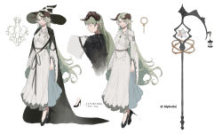 Rule 34 | 1girl, absurdres, arms at sides, black cape, breasts, brooch, brown horns, candle, cape, chocolate (jitong), closed eyes, dress, earrings, green hair, hat, high heels, highres, hoop earrings, horns, jewelry, lantern, long hair, looking at viewer, multiple views, necklace, original, pointy ears, simple background, small breasts, small stellated dodecahedron, staff, standing, very long hair, white background, white dress, wide sleeves, witch hat