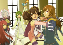 Rule 34 | 00s, 1girl, 4boys, anise tatlin, brown eyes, brown hair, dist, dist (tales), florian, florian (tales), glasses, gloves, green eyes, green hair, ion (tales), jade curtiss, long hair, luke fon fabre, mieu (tales), multiple boys, pantyhose, red eyes, red hair, ribbon, smile, tales of (series), tales of the abyss, twintails, white hair