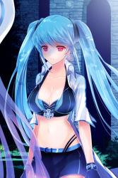 Rule 34 | 1girl, belt, blue hair, breasts, cleavage, collarbone, cross, gloves, hair ribbon, halterneck, halterneck, hat, jacket, large breasts, long hair, lowres, luthica preventer, midriff, navel, night, open clothes, purple hair, red eyes, reum, ribbon, shorts, solo, sword girls, twintails, very long hair, walking