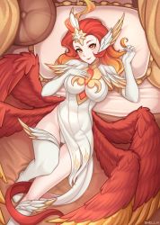 Rule 34 | 1girl, afk arena, angel wings, artist name, bed sheet, blush, boots, breasts, closed mouth, colored skin, commentary, commission, dress, feathered wings, feathers, frilled pillow, frills, hair ornament, highres, large breasts, lips, long hair, looking at viewer, low wings, lying, on back, on bed, pillow, red hair, shellvi, smile, solo, striped, talene (afk arena), talons, thigh boots, thighhighs, vertical stripes, white footwear, white skin, wings, yellow eyes