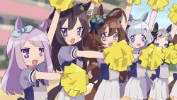 Rule 34 | 6+girls, ahoge, animal ears, arm up, black hair, blurry, blurry background, bow, braid, brown hair, commentary request, crown braid, day, depth of field, ear bow, ear ribbon, eyebrows hidden by hair, green bow, green ribbon, grey hair, hair between eyes, holding, horse ears, lucky star, mejiro ardan (umamusume), mejiro bright (umamusume), mejiro dober (umamusume), mejiro mcqueen (umamusume), mejiro palmer (umamusume), mejiro ryan (umamusume), multicolored hair, multiple girls, outdoors, outstretched arm, parody, pleated skirt, pom pom (cheerleading), puffy short sleeves, puffy sleeves, purple eyes, purple hair, purple shirt, ribbon, saba no hige, school uniform, shirt, short eyebrows, short sleeves, skirt, striped, striped bow, style parody, swept bangs, thick eyebrows, tracen school uniform, two-tone hair, umamusume, white skirt
