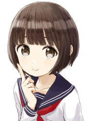 Rule 34 | 1girl, blue sailor collar, blunt bangs, bob cut, brown eyes, brown hair, closed mouth, eyebrows hidden by hair, hand up, index finger raised, long sleeves, looking at viewer, nasuna, original, red neckwear, sailor collar, shirt, short hair, simple background, smile, solo, upper body, white background, white shirt