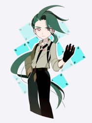 Rule 34 | 1girl, ahoge, black gloves, black necktie, black pants, bright pupils, brown eyes, closed mouth, collared shirt, commentary request, creatures (company), earrings, game freak, gloves, green hair, hand in pocket, highres, holding, holding poke ball, jewelry, long hair, milkpeachi, necktie, nintendo, outline, pants, poke ball, pokemon, pokemon sv, ponytail, rika (pokemon), shirt, solo, stud earrings, suspenders, white pupils