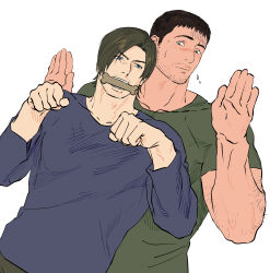 Rule 34 | 123456dyom, 2boys, absurdres, bara, black hair, blue shirt, brown hair, chris redfield, facial hair, green shirt, highres, large pectorals, leon s. kennedy, looking at another, male focus, multiple boys, muscular, muscular male, pectorals, resident evil, resident evil 6, shirt, short hair, simple background, white background