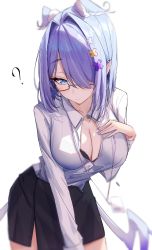 Rule 34 | 1girl, absurdres, aqua eyes, bespectacled, black bra, blue hair, blue nails, bob cut, bra, bra peek, breasts, cleavage, collared shirt, commentary, elira pendora, english commentary, glasses, hair intakes, hair ornament, hair over one eye, hairclip, head wings, highres, id card, large breasts, looking at viewer, low wings, nail polish, nijisanji, nijisanji en, office lady, partially unbuttoned, pencil skirt, pointy ears, ruru (ruru nnnn), shirt, simple background, skirt, solo, underwear, virtual youtuber, white background, wings