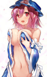 Rule 34 | 1girl, :d, arm garter, bare shoulders, blue dress, blue hat, blush, breasts, commentary request, covering breasts, covering privates, cowboy shot, dress, efe, groin, hair between eyes, hat, highres, large breasts, looking at viewer, mob cap, navel, off shoulder, open clothes, open dress, open mouth, out-of-frame censoring, petals, pink eyes, pink hair, saigyouji yuyuko, short hair, simple background, smile, solo, stomach, sweat, touhou, triangular headpiece, white background
