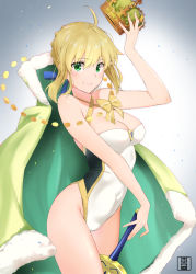 Rule 34 | 1girl, ahoge, artist logo, artoria pendragon (fate), artoria pendragon (swimsuit archer) (fate), artoria pendragon (swimsuit archer) (third ascension) (fate), blonde hair, breasts, cape, casual one-piece swimsuit, commentary request, cowboy shot, crown, fate/grand order, fate (series), fur-trimmed cape, fur trim, gradient background, green eyes, grey background, looking at viewer, medium breasts, murio, one-piece swimsuit, solo, strapless, strapless one-piece swimsuit, swimsuit, sword, weapon, white one-piece swimsuit