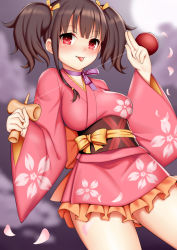 Rule 34 | 1girl, :p, blurry, blurry background, blush, breasts, brown hair, closed mouth, commentary request, depth of field, floral print, frilled kimono, frills, gluteal fold, hair ribbon, hands up, holding, japanese clothes, kimono, koutetsujou no kabaneri, long sleeves, medium breasts, mumei (kabaneri), obi, petals, pink kimono, print kimono, red eyes, ribbon, sash, short kimono, smile, solo, tongue, tongue out, toshishikisai, twintails, wide sleeves, yellow ribbon