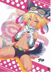 Rule 34 | 1girl, animal ears, blonde hair, breasts, cyberconnect2, fang, gloves, goggles, green eyes, hat, highres, navel, neptune (series), official art, open mouth, short hair, solo, tail, tongue, tongue out