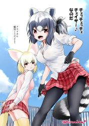Rule 34 | 10s, 2girls, animal ears, artist name, cloud, common raccoon (kemono friends), day, extra ears, fennec (kemono friends), fox ears, fox tail, grey hair, kemono friends, kuroba dam, millipen (medium), multicolored hair, multiple girls, pantyhose, pink sweater, raccoon ears, raccoon tail, rooftop, skirt, sky, striped tail, sweater, tail, thighhighs, traditional media, translation request