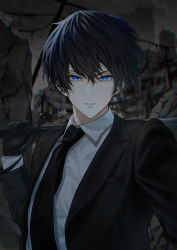 Rule 34 | 1boy, absurdres, artist name, black gloves, black hair, black jacket, black necktie, blue eyes, breast pocket, building, closed mouth, collared shirt, commentary request, dress shirt, duplicate, ear piercing, earrings, formal, gloves, hair between eyes, hand up, highres, holding, holding sword, holding weapon, jacket, jewelry, lapels, long sleeves, looking at viewer, makura wet, male focus, necktie, open clothes, open jacket, original, over shoulder, piercing, pixel-perfect duplicate, pocket, post-apocalypse, ruins, shirt, short hair, signature, solo, sword, upper body, v-shaped eyebrows, weapon, weapon over shoulder, white shirt, wing collar