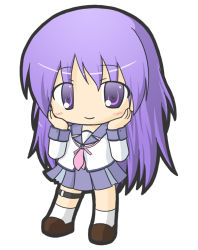 Rule 34 | 1girl, angel beats!, bad id, bad pixiv id, blush, brown footwear, chibi, closed mouth, commentary request, full body, hair between eyes, hands on own cheeks, hands on own face, hands up, irie miyuki, loafers, long hair, long sleeves, looking at viewer, neckerchief, pink neckerchief, pleated skirt, purple eyes, purple hair, purple skirt, ri-net, school uniform, serafuku, shirt, shoes, simple background, skirt, smile, socks, solo, standing, very long hair, white background, white shirt, white socks