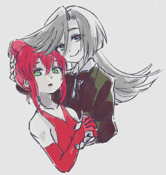 Rule 34 | 1boy, 1girl, :o, alternate costume, alternate hairstyle, black suit, cropped torso, dress, evil smile, formal, green eyes, grey hair, hair bun, hand on another&#039;s head, hatori chise, heads together, hetero, holding hands, joseph cartaphilus, long hair, looking at viewer, mahou tsukai no yome, medium hair, red dress, red hair, sketch, smile, suit, swept bangs, ukata