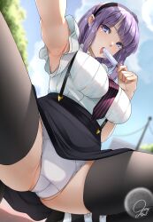 Rule 34 | 1girl, absurdres, armpits, artist name, blue eyes, bow, breasts, cameltoe, dagashi kashi, food, hair bow, highres, large breasts, legs, licking, looking at viewer, necktie, ozzyart 0221, panties, popsicle, purple hair, shidare hotaru, skirt, solo, spread legs, squatting, suspenders, thighs, tongue, tongue out, underwear, white panties