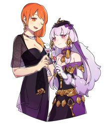 Rule 34 | 2girls, alternate costume, black dress, breasts, cleavage, closed mouth, cup, dress, drinking glass, earrings, female focus, fire emblem, fire emblem: three houses, fire emblem heroes, fur trim, gloves, haconeri, hair ornament, hat, holding, holding cup, jewelry, leonie pinelli, long hair, lysithea von ordelia, matching hair/eyes, multiple girls, nintendo, one eye closed, open mouth, orange eyes, orange hair, pink eyes, see-through, simple background, smile, white background, white gloves, white hair, wine glass, wink
