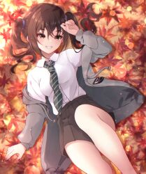 Rule 34 | 1girl, black skirt, breasts, brown eyes, brown hair, collared shirt, commentary request, feet out of frame, green necktie, grey jacket, grin, idolmaster, idolmaster cinderella girls, jacket, leaf, lens flare, light blush, long sleeves, looking at viewer, lying, maple leaf, miniskirt, mole, mole under eye, necktie, on back, open clothes, open jacket, rocomani, sharp teeth, shirt, shirt tucked in, sidelocks, skirt, small breasts, smile, solo, sunazuka akira, teeth, twintails