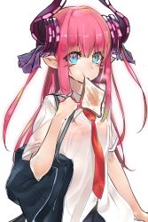 Rule 34 | 10s, 1girl, alternate costume, asymmetrical horns, bad id, bad twitter id, bag, blue eyes, bra, bread slice, claws, contemporary, dress shirt, elizabeth bathory (fate), elizabeth bathory (fate/extra ccc), fate/extra, fate/extra ccc, fate (series), food, food in mouth, hair ribbon, highres, horns, long hair, macaroni tamago, mouth hold, necktie, pink hair, pointy ears, ribbon, school uniform, see-through, shirt, short sleeves, shoulder bag, skirt, solo, toast, toast in mouth, two side up, underwear, uneven horns, wing collar