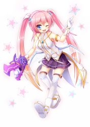 Rule 34 | 00s, 1girl, angelic buster, blue eyes, gloves, gradient background, horns, kane-neko, long hair, maplestory, one eye closed, pink hair, pleated skirt, skirt, solo, star (symbol), thighhighs, twintails, two side up, wings