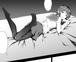 Rule 34 | 1girl, blank speech bubble, blush, cellphone, commentary request, feet, greyscale, himitsu (hi mi tsu 2), holding, holding phone, indoors, legs up, long sleeves, lying, monochrome, no shoes, on bed, on stomach, open mouth, original, pantyhose, phone, school uniform, serafuku, skirt, smartphone, solo, speech bubble, spread toes, toes