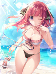 Rule 34 | 1girl, 2019, artist name, bare arms, bare shoulders, beach, bikini, blue sky, breasts, cleavage, closed mouth, cloud, collarbone, cowboy shot, day, floating hair, frilled bikini, frills, go-toubun no hanayome, hair ornament, halterneck, hand up, highres, karory, large breasts, lens flare, long hair, looking at viewer, mismatched bikini, nail polish, nakano nino, navel, one eye closed, outdoors, purple eyes, red hair, sandals, unworn sandals, sky, smile, solo, standing, stomach, sunlight, swimsuit, thigh gap, thighs, tongue, tongue out, two side up, v, water