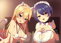 Rule 34 | 2girls, alternate costume, animal ears, bell, blonde hair, blue eyes, blue hair, breasts, cat ears, cat tail, cleavage, cleavage cutout, clothing cutout, enmaided, fang, heart cutout, highres, jingle bell, large breasts, long hair, looking at viewer, maid, mole, mole on breast, multiple girls, original, red eyes, sakamata (sakamata4), smile, tail