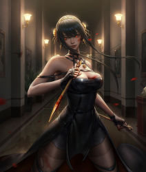 Rule 34 | 1girl, artist request, black dress, black hair, blood, blood on breasts, blood on face, breasts, cleavage, dress, highres, long hair, looking at viewer, pantyhose, red eyes, smile, solo, spy x family, yor briar