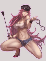 Rule 34 | 1girl, bad id, blue eyes, breasts, denim, denim shorts, final fight, hat, highres, large breasts, long hair, pink hair, poison (final fight), shorts, solo, tank top, very long hair, yazuwo