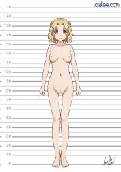 Rule 34 | 1girl, artist name, barefoot, blonde hair, blue eyes, blush, breasts, clenched hands, closed mouth, collarbone, completely nude, dated, dot nose, female focus, female pubic hair, flower, full body, gluteal fold, hair flower, hair intakes, hair ornament, height chart, highres, legs together, looking at viewer, lowleecom, maria campbell, medium breasts, navel, nipples, no pussy, nude, otome game no hametsu flag shika nai akuyaku reijou ni tensei shite shimatta, pubic hair, short hair, signature, solo, standing, tagme, thigh gap, toes, watermark, web address